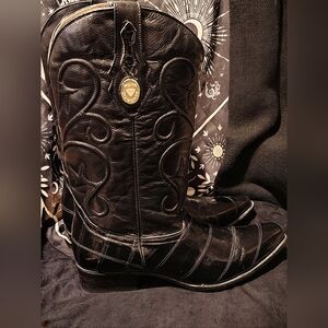 White Diamond Black Leather Cowboy Boots